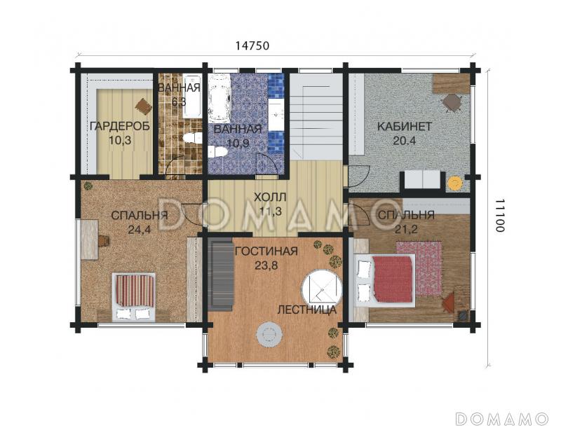 Проект трехэтажного деревянного дома из клееного бруса с бильярдной / План 2 этажа