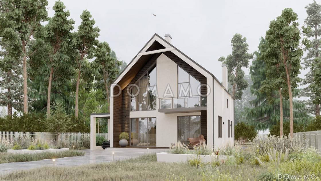 Проект двухэтажного дома в стиле барнхаус с 4 спальнями, вторым светом, крытой террасой и автонавесом / 1