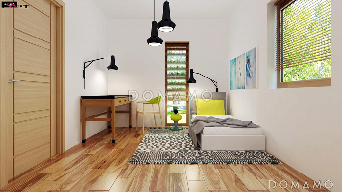 Проект небольшого современного одноэтажного дома из газобетона с тремя спальнями и красивой террасой Проект небольшого современного одноэтажного дома из газобетона с тремя спальнями и красивой террасой