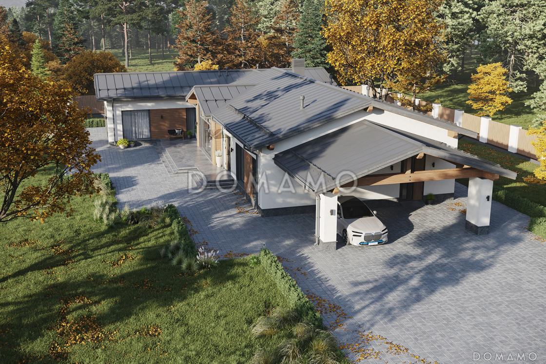 Проект одноэтажного каркасного дома Г-образной формы с навесом для автомобилей, сауной и верандой / 6