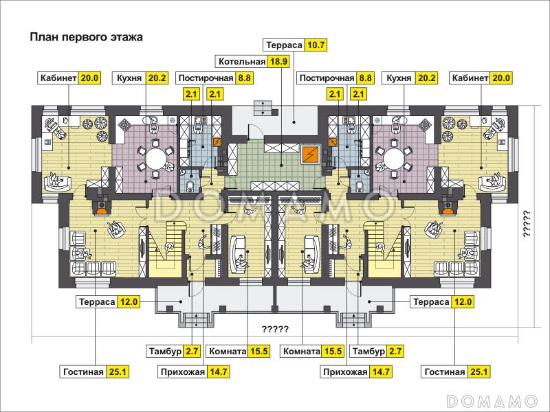 Проект загородного дома с изолированной кухней, крытой террасой, лоджиями, вторым светом / План 1 этажа