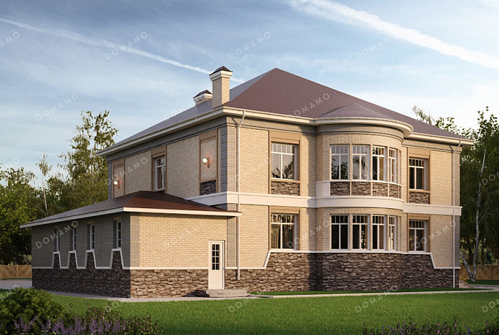 Проект усадьбы в классическом стиле с четырьмя спальнями, кабинетом, гаражом и подвалом