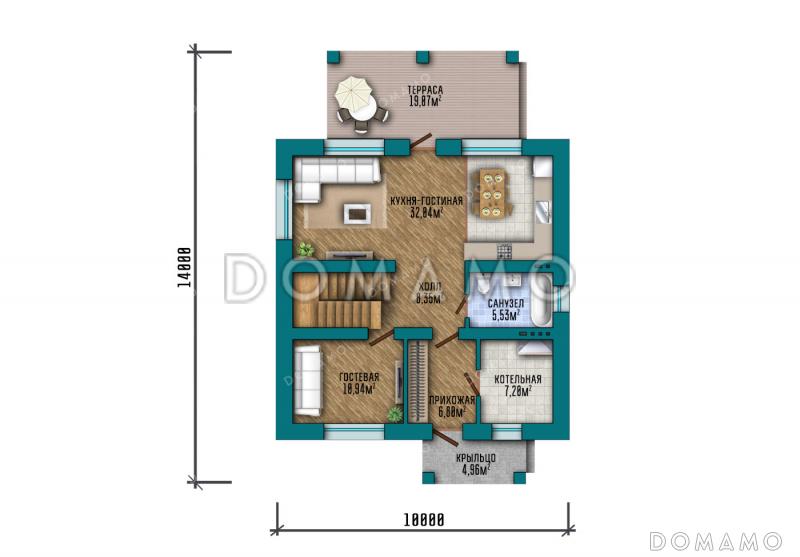 Проект двухэтажного дома с четырьмя спальнями наверху и одной внизу / План 1 этажа