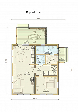 Проект каркасного дома с кровлей из металлочерепицы / План 1 этажа
