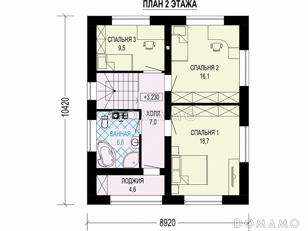 Проект загородного двухэтажного дома с кладовой, кухней-столовой, лоджией / План 2 этажа Проект загородного двухэтажного дома с кладовой, кухней-столовой, лоджией / План 2 этажа