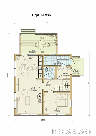 Проект каркасного дома с кровлей из металлочерепицы / План 1 этажа