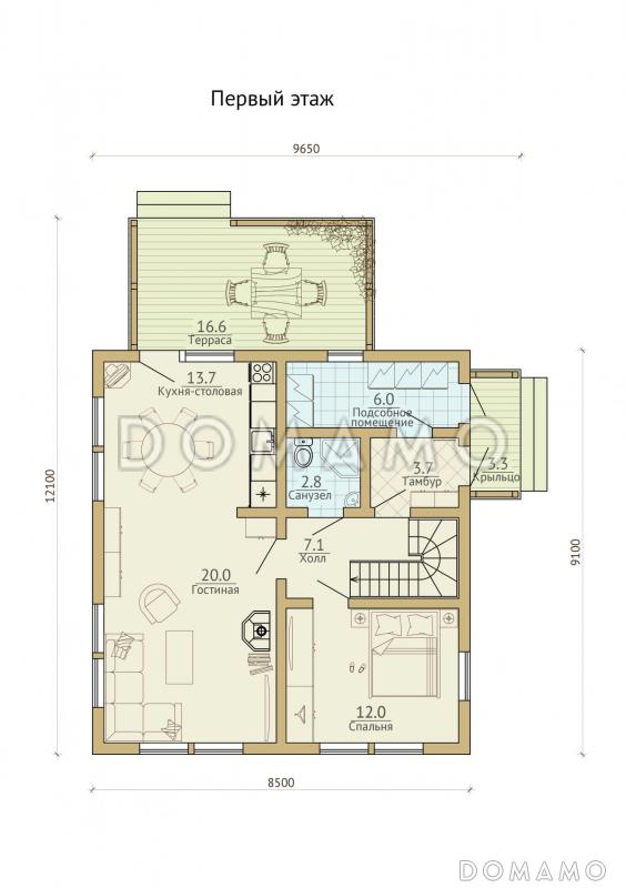Проект каркасного дома с кровлей из металлочерепицы / План 1 этажа