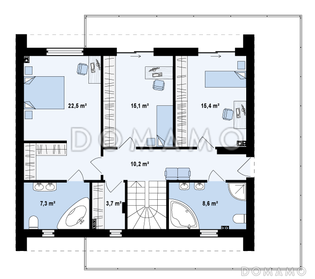 Проект современного двухэтажного дома из кирпича с дополнительной спальней на первом этаже, гаражом и открытой террасой на втором этаже / План 2 этажа