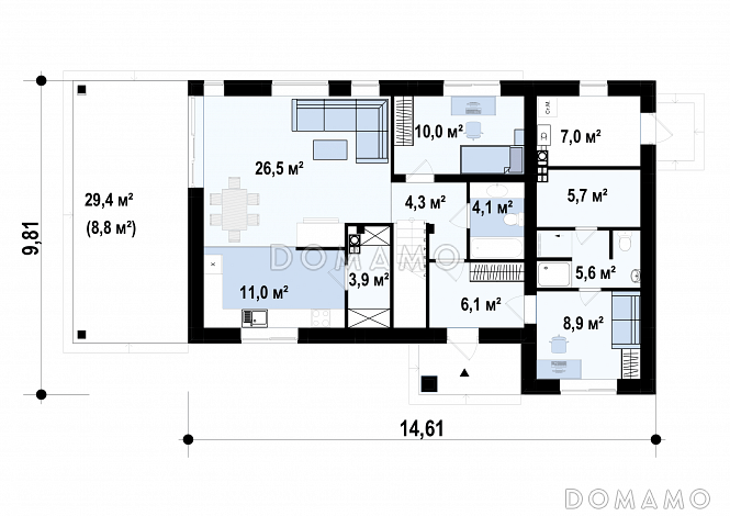 Проект двухэтажного дома из газобетона с сауной, адаптированный для сейсмозоны / План 1 этажа