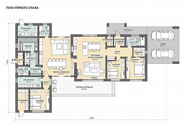 Проект углового дома с террасами, местами для хранения и просторной кухней-столовой-гостиной / План 1 этажа Проект углового дома с террасами, местами для хранения и просторной кухней-столовой-гостиной / План 1 этажа
