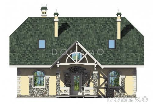 Проект уютного загородного дома из SIP панелей с ажурным крыльцом под зеленой крышей / Фасад 3