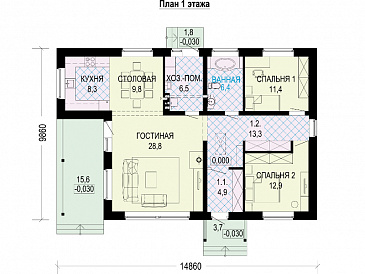 Проект одноэтажного компактного дома из кирпича с двумя спальнями, просторной дневной зоной и крытой террасой / План 1 этажа Проект одноэтажного компактного дома из кирпича с двумя спальнями, просторной дневной зоной и крытой террасой / План 1 этажа