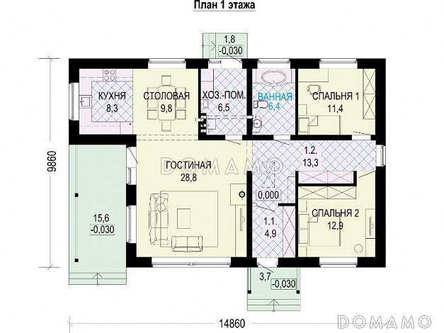 Проект одноэтажного компактного дома из кирпича с двумя спальнями, просторной дневной зоной и крытой террасой / План 1 этажа Проект одноэтажного компактного дома из кирпича с двумя спальнями, просторной дневной зоной и крытой террасой / План 1 этажа