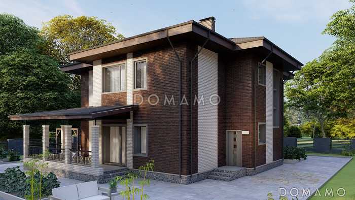 Проект двухэтажного дома с крытой террасой, тремя спальнями и гардеробными