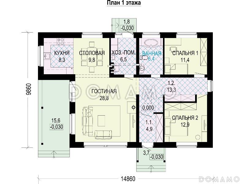 Проект одноэтажного компактного дома из кирпича с двумя спальнями, просторной дневной зоной и крытой террасой / План 1 этажа