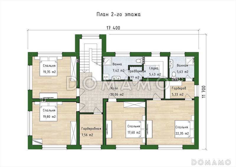 Проект двухэтажного дома из газобетона с 5 спальнями, сауной и гаражом на 1 машину / План 2 этажа