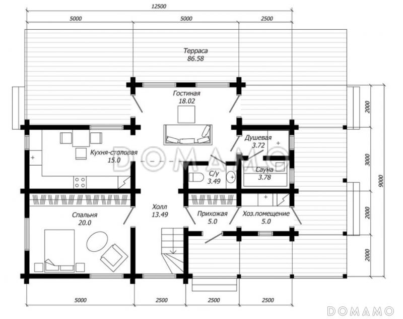 Проект дома из клееного бруса с гостиной эффектно совмещеной с зоной второго света / План 1 этажа