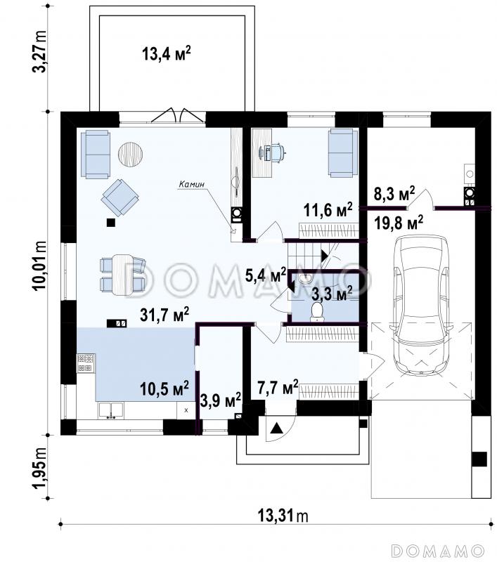 Проект современного двухэтажного дома из кирпича с четырьмя спальнями, балконом и встроенным гаражом / План 1 этажа