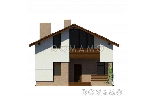 Проект загородного дома из панелей СИП с открытой террасой, небольшой кухонной зоной, вторым светом, балконом и лоджией / Фасад 1