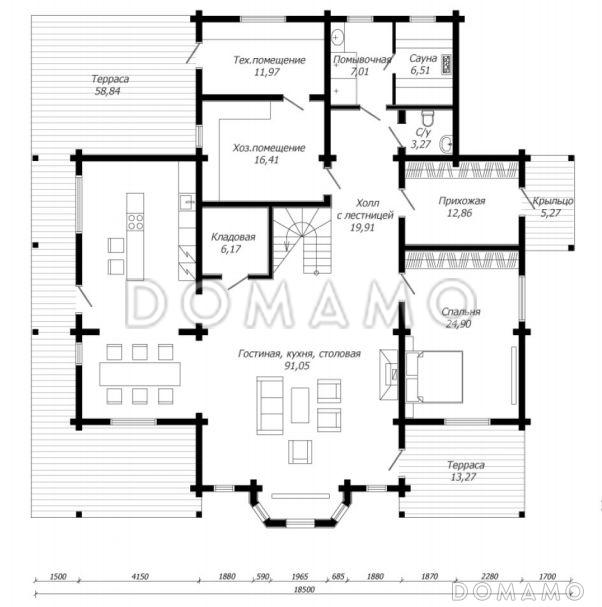 Проект дома из клееного бруса с эффектной зоной второго света / План 1 этажа