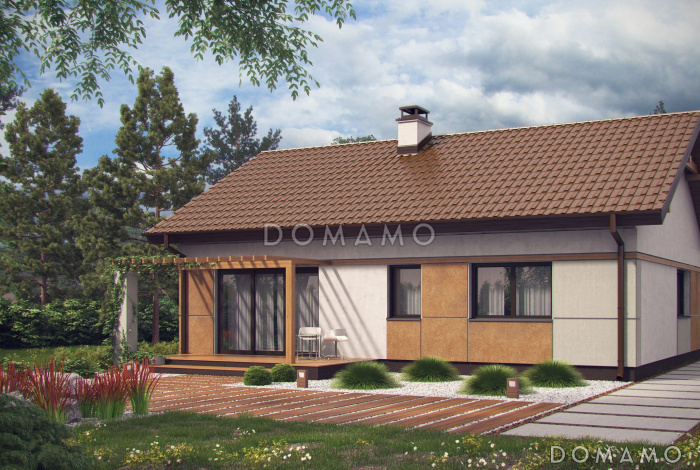 Проект компактного одноэтажного дома из газобетона с двумя спальнями, техническим помещением и изолированной кухней Проект компактного одноэтажного дома из газобетона с двумя спальнями, техническим помещением и изолированной кухней