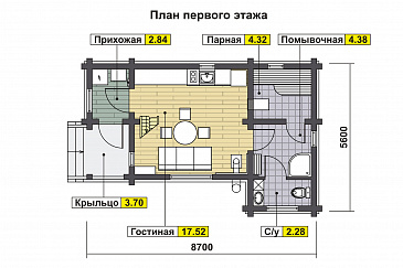 Проект узкого дома с косой крышей, кухней-гостиной, парной, спальней, балконом и вторым светом / План 1 этажа Проект узкого дома с косой крышей, кухней-гостиной, парной, спальней, балконом и вторым светом / План 1 этажа