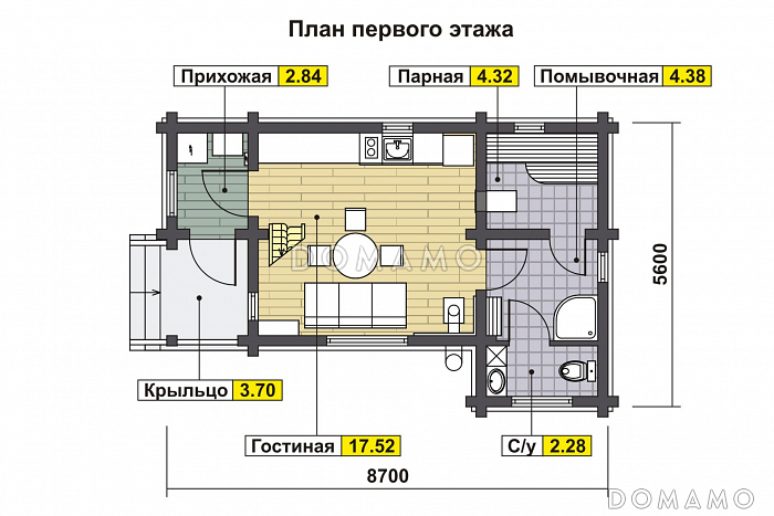 Проект узкого дома с косой крышей, кухней-гостиной, парной, спальней, балконом и вторым светом / План 1 этажа Проект узкого дома с косой крышей, кухней-гостиной, парной, спальней, балконом и вторым светом / План 1 этажа