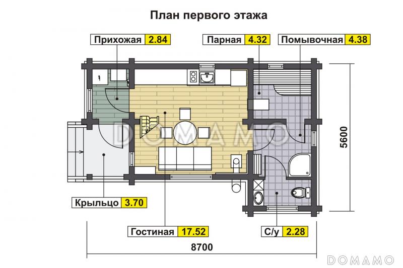 Проект узкого дома с косой крышей, кухней-гостиной, парной, спальней, балконом и вторым светом / План 1 этажа