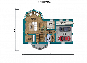 Проект двухэтажного дома с большой гостиной и гаражом на два автомобиля / План 1 этажа Проект двухэтажного дома с большой гостиной и гаражом на два автомобиля / План 1 этажа