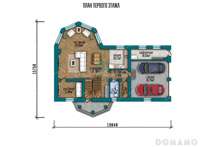 Проект двухэтажного дома с большой гостиной и гаражом на два автомобиля / План 1 этажа Проект двухэтажного дома с большой гостиной и гаражом на два автомобиля / План 1 этажа