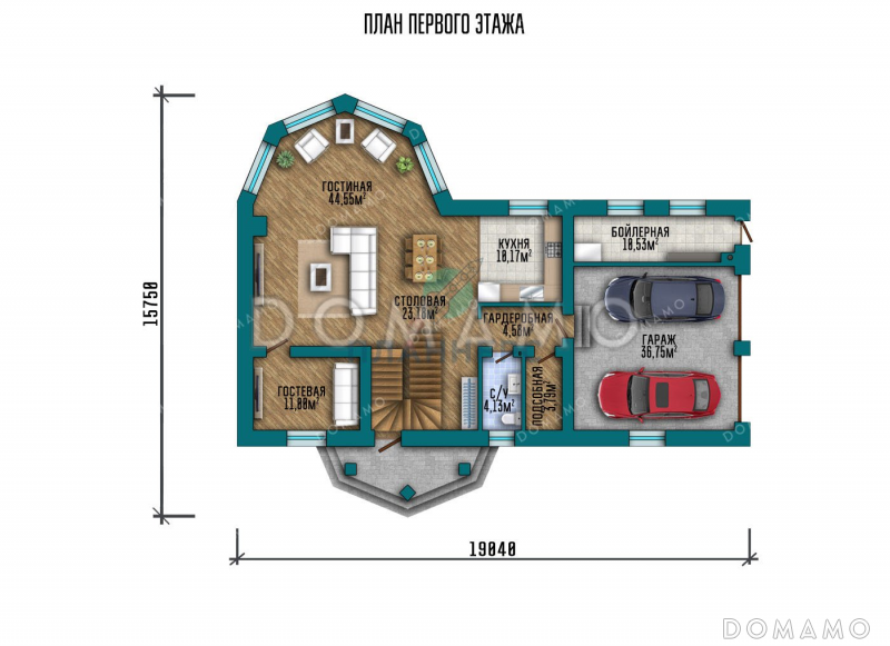 Проект двухэтажного дома с большой гостиной и гаражом на два автомобиля / План 1 этажа