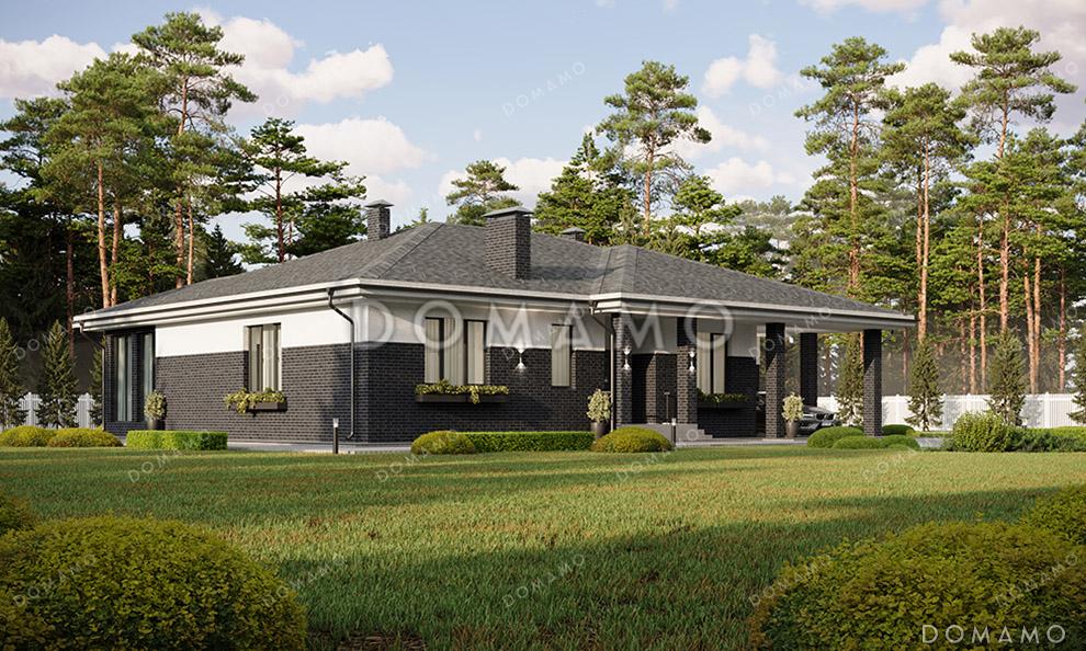 Проект большого одноэтажного дома с пристроенным гаражом, просторной кухней-гостиной, крытой застекленной верандой и навесом перед гаражом / 1