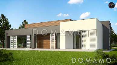 Проект одноэтажного дома из газобетона с плоской крышей, большой площадью остекления и крытой террасой, увеличенная версия Проект одноэтажного дома из газобетона с плоской крышей, большой площадью остекления и крытой террасой, увеличенная версия