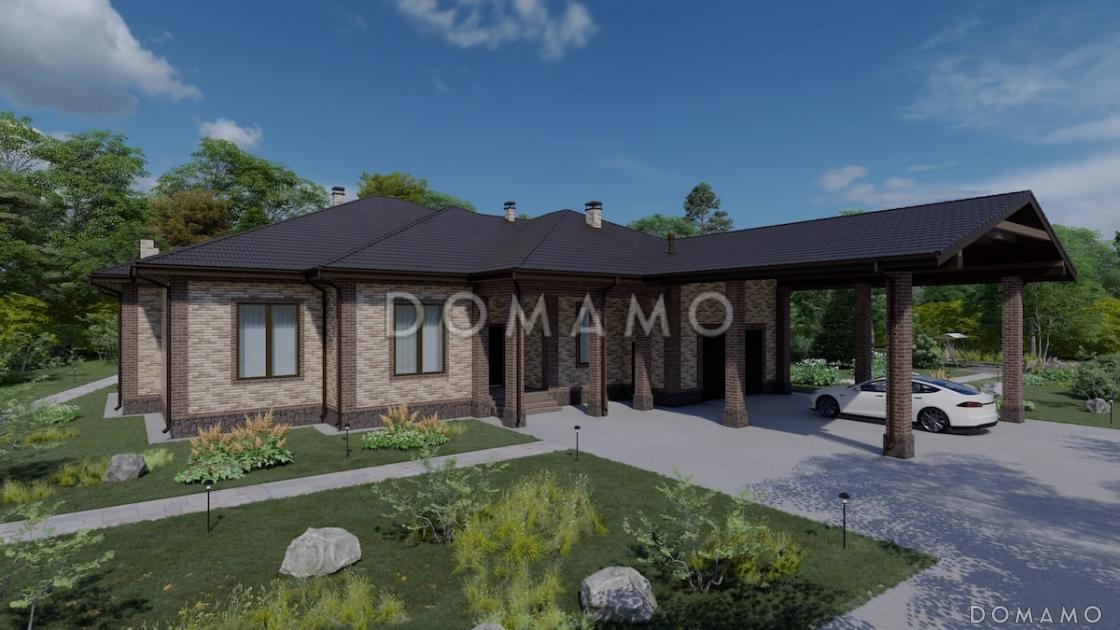 Проект кирпичного дома с навесом, гаражом и тренажерным залом / 1