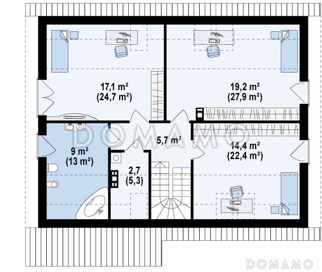 Проект одноэтажного мансардного дома из кирпича с кабинетом, гостевой спальней и хозяйственным помещением на первом этаже / План мансардного этажа