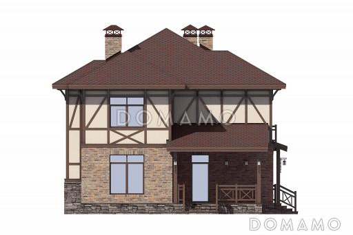 Проект дома по технологии ЛСТК с крытой террасой, кладовой под лестницей. эркерами, гостевой на первом этаже, спальнями и кабинетом на втором этаже / Фасад 2