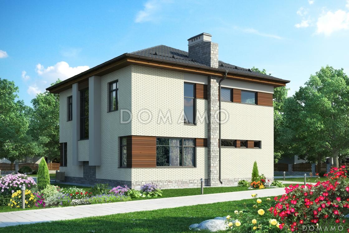 Проект загородного дома с просторной гостиной с камином, террасой, сауной на первом этаже, балконом / 2