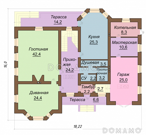 Проект дома с мансардным этажом, пристроенным гаражом и двумя балконами / План 1 этажа Проект дома с мансардным этажом, пристроенным гаражом и двумя балконами / План 1 этажа