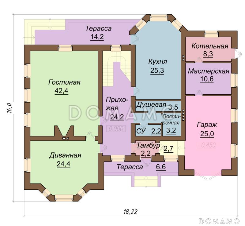 Проект дома с мансардным этажом, пристроенным гаражом и двумя балконами / План 1 этажа