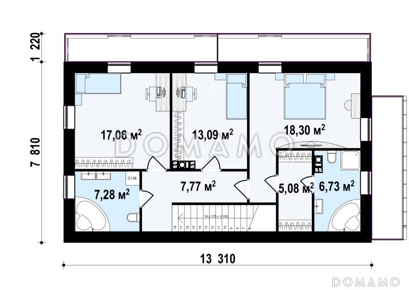 Проект двухэтажного дома из кирпича с двухскатной крышей с четырьмя комнатами и длинным общим балконом / План 2 этажа