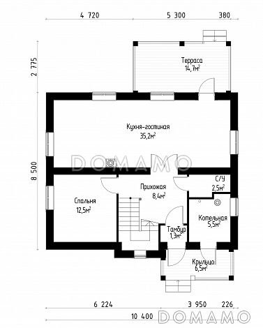 Проект коттеджа шале с террасой и балконом. / План 1 этажа Проект коттеджа шале с террасой и балконом. / План 1 этажа