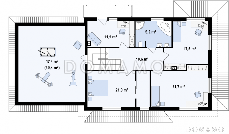 Проект просторного современного двухэтажного дома из газобетона, с пятью комнатами, бильярдной и гаражом  / План 2 этажа