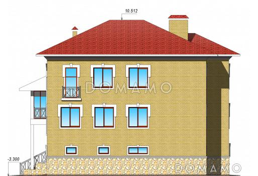 Проект двухэтажного коттеджа с цокольным этажом, гаражом и парной / Фасад 4