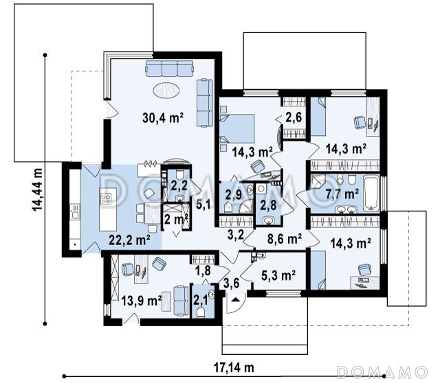 Проект просторного современного одноэтажного дома из газобетона с четырьмя спальнями / План 1 этажа