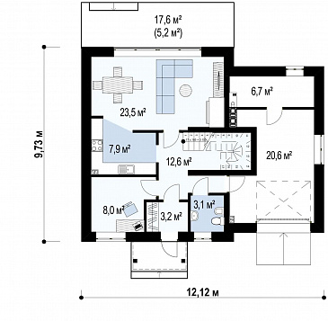 Проект классического одноэтажного мансардного дома из кирпича с четырьмя спальнями и гаражом / План 1 этажа Проект классического одноэтажного мансардного дома из кирпича с четырьмя спальнями и гаражом / План 1 этажа