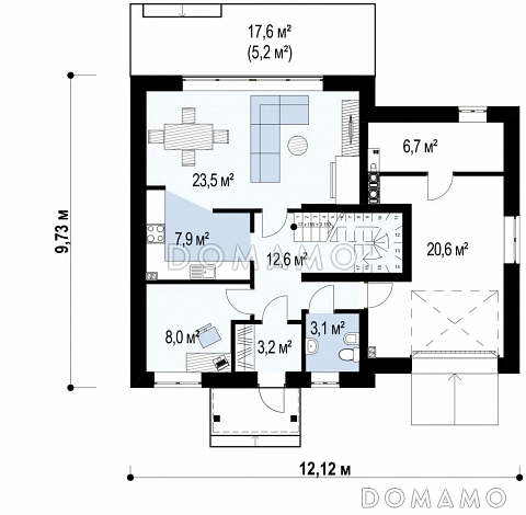 Проект классического одноэтажного мансардного дома из кирпича с четырьмя спальнями и гаражом / План 1 этажа Проект классического одноэтажного мансардного дома из кирпича с четырьмя спальнями и гаражом / План 1 этажа