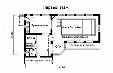 Проект пристроенного бассейна с отдельным входом / План 1 этажа