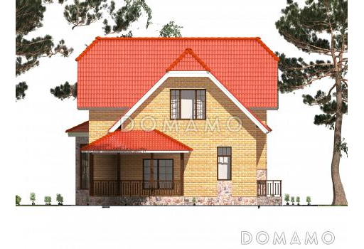 Проект полутораэтажного коттеджа с яркой облицовкой и открытой террасой / Фасад 3
