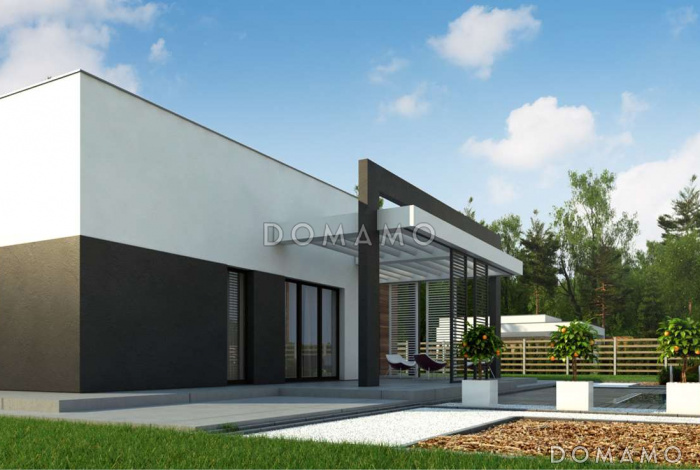 Проект просторного современного одноэтажного дома из кирпича с плоской крышей с тремя спальнями, крытой террасой и гаражом Проект просторного современного одноэтажного дома из кирпича с плоской крышей с тремя спальнями, крытой террасой и гаражом