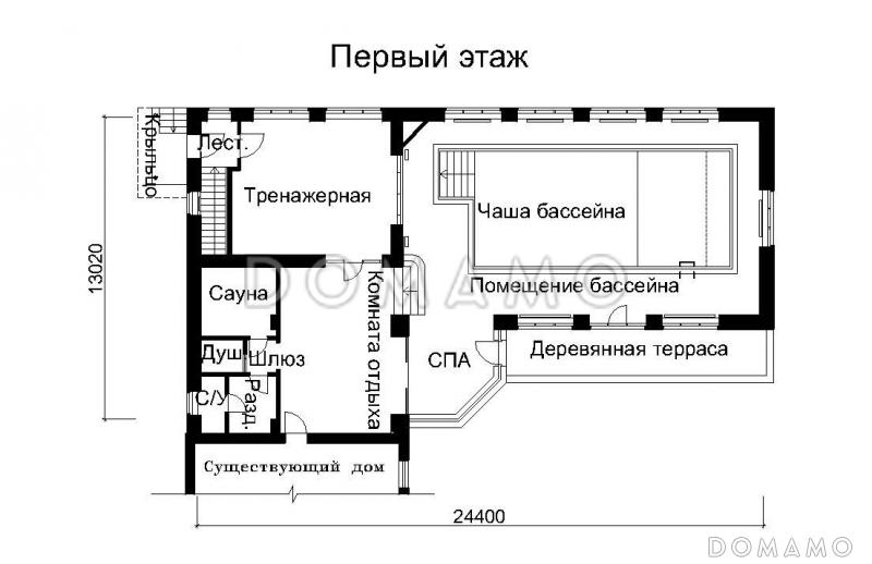 Проект пристроенного бассейна с отдельным входом / План 1 этажа
